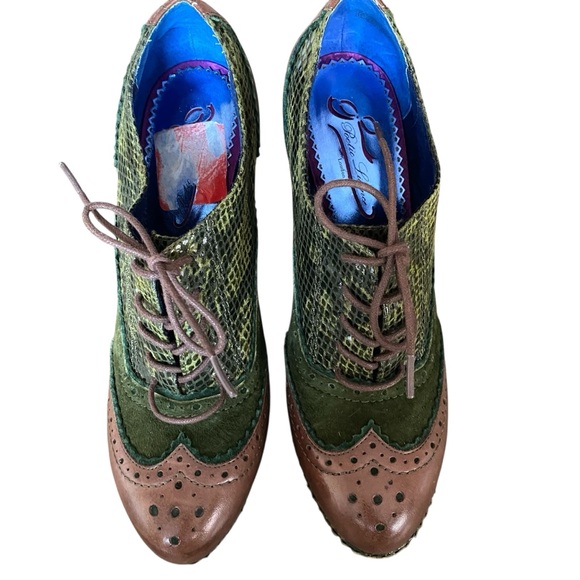 Poetic License Wild Safari Green Brown Leather Oxford Wedge Platform Heels 39 - Picture 2 of 10